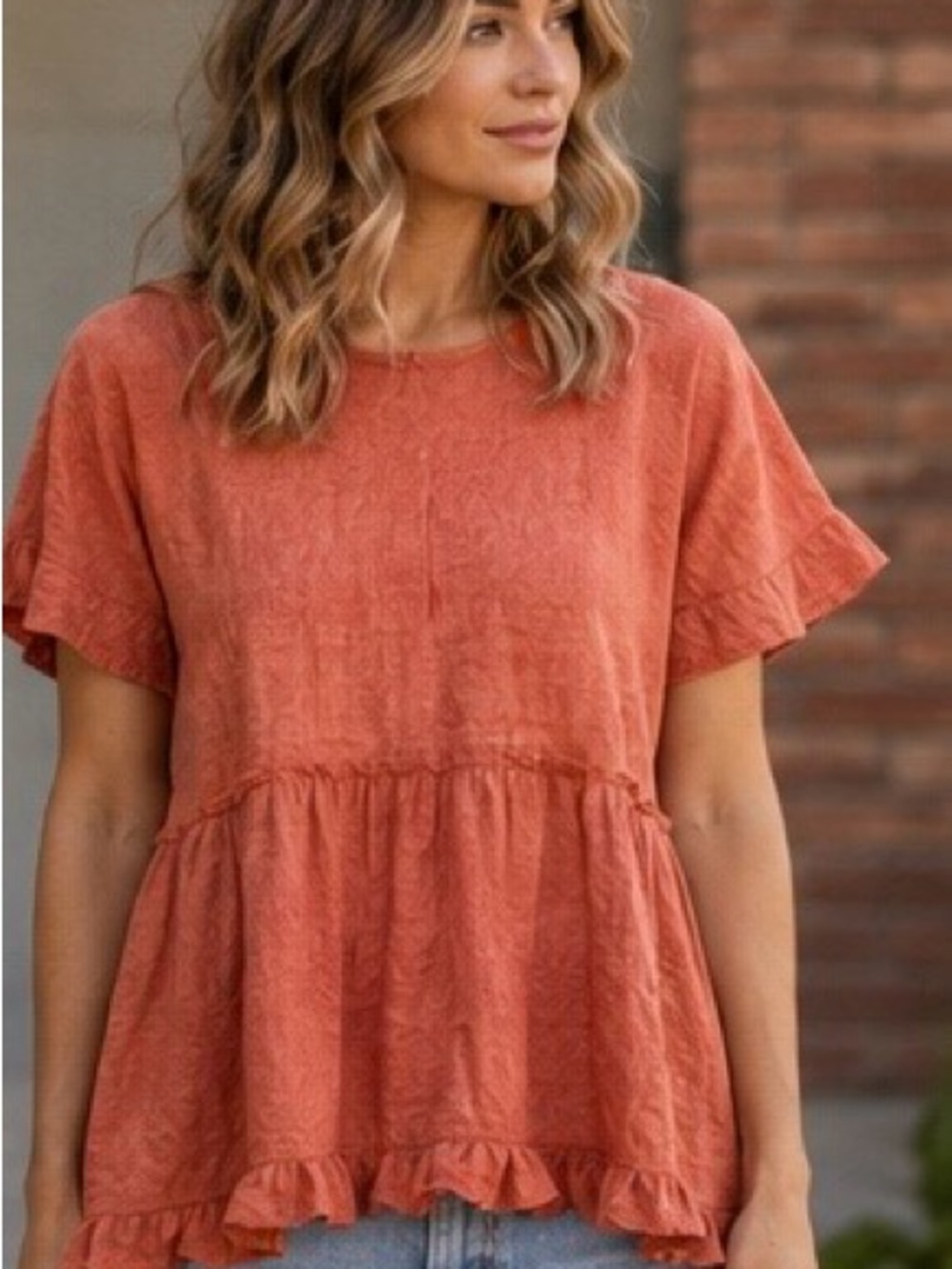 Bella Amore Italy Linen Silk Ruffle Hem Tunic Top Coral Orange Oversized